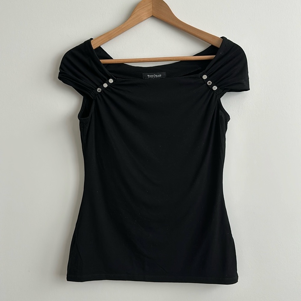 White House Black Market Buttoned Ruched Wide Neck Fitted Black Top